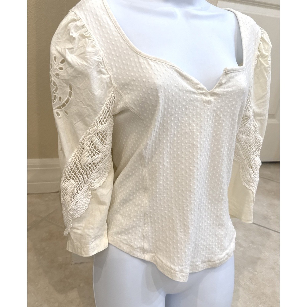 Free People Cream Swiss Dot Crochet Eyelet Lace Sleeve Boho Top‎ Small Ivory